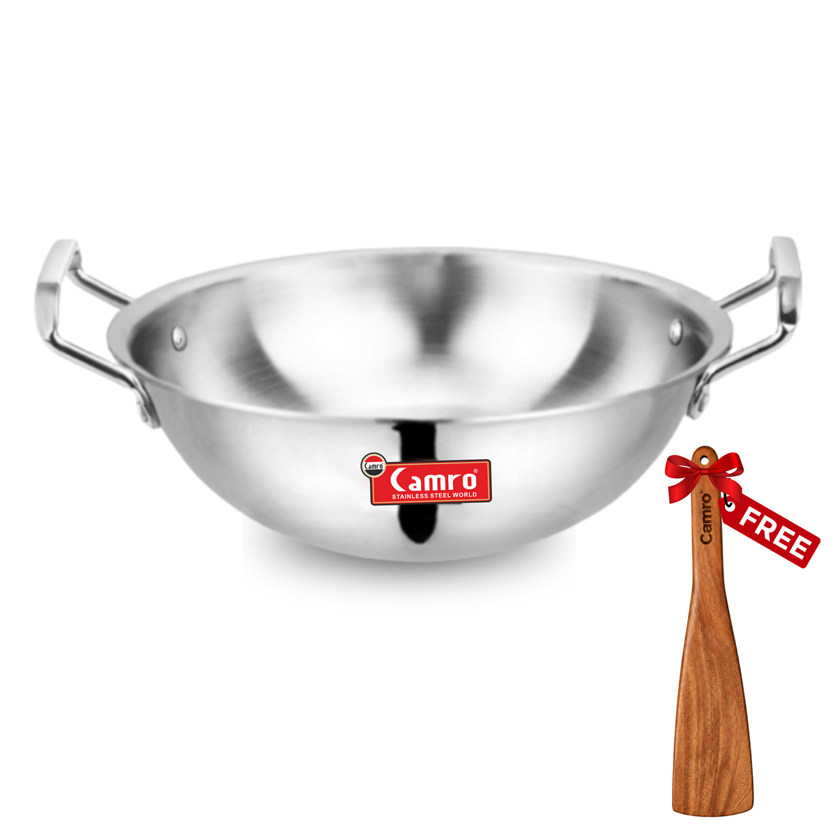 Camro Triply Stainless Steel Deep Kadhai - Induction Friendly, Premium Quality (6 Years Warranty) | Free Wooden Spatula Worth ₹299/-