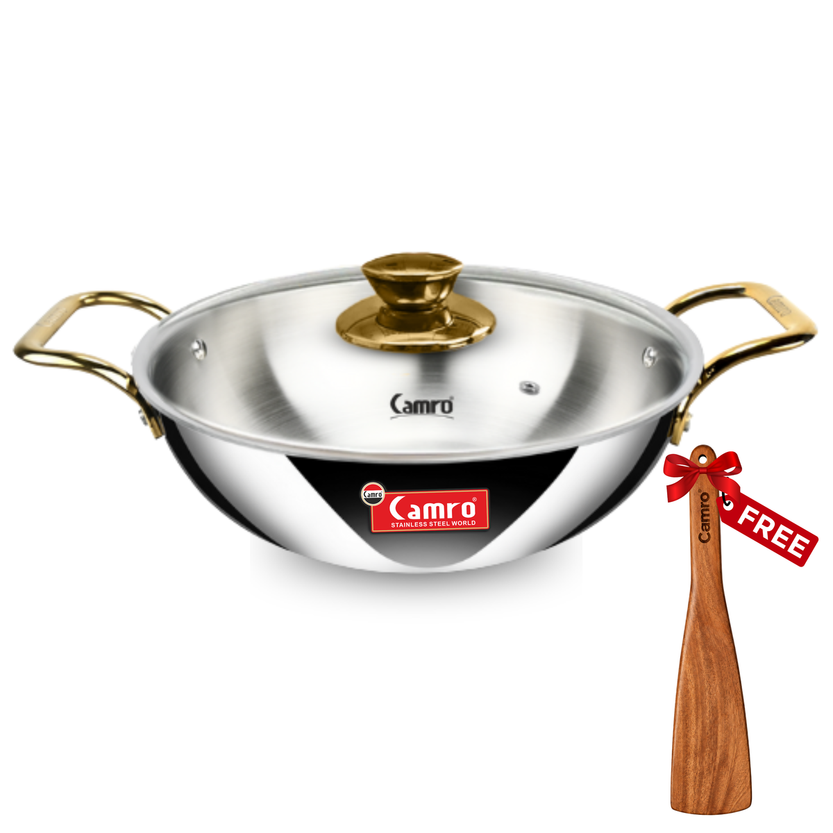 Camro Triply Stainless Steel Kadhai with Golden Handle - Induction Friendly, Premium Quality (6 Years Warranty) | Free Wooden Spatula Worth ₹299/-