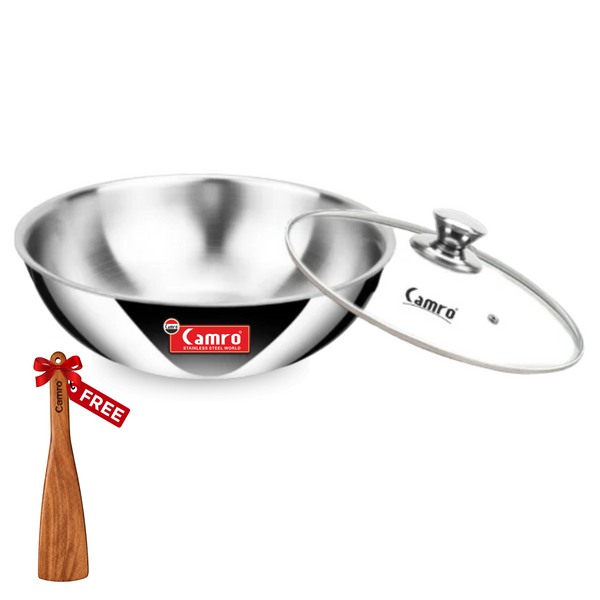 Camro Triply Stainless Steel Kadai - Induction Friendly, Premium Quality (6 Years Warranty) | Free Wooden Spatula Worth ₹299/-