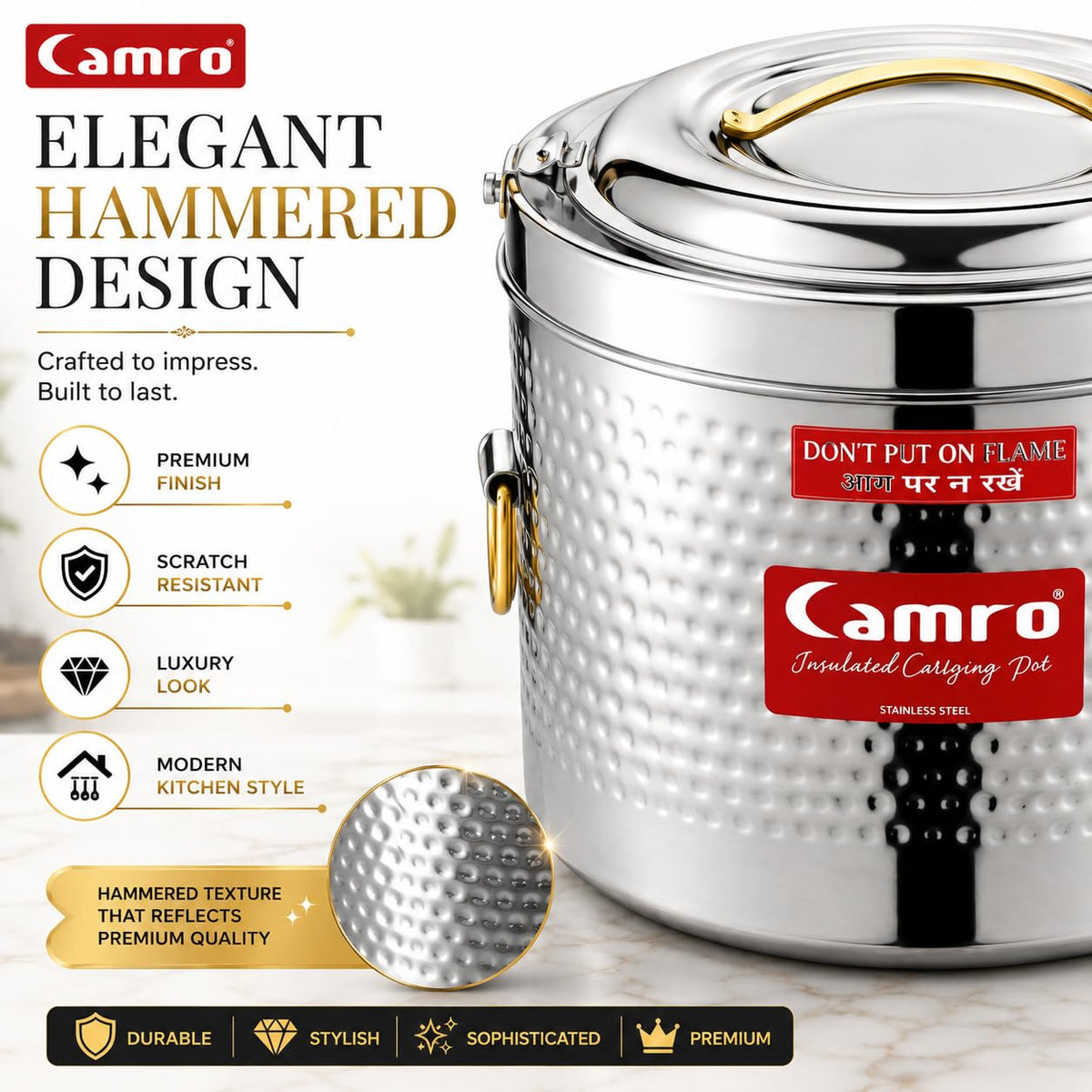 Camro Stainless Steel Insulated Hammered HotPot | Premium Quality | Food Grade Steel