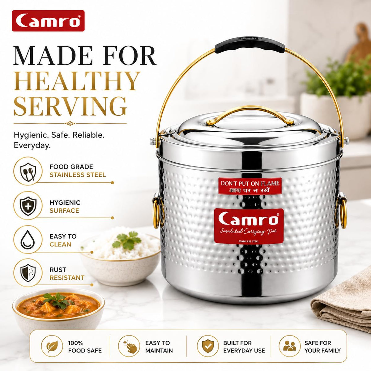 Camro Stainless Steel Insulated Hammered HotPot | Premium Quality | Food Grade Steel