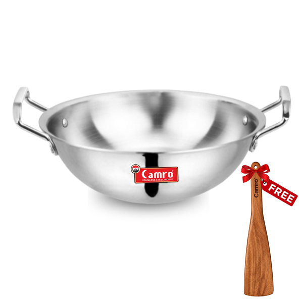 Camro Triply Stainless Steel Deep Kadhai - Induction Friendly, Premium Quality (6 Years Warranty) | Free Wooden Spatula Worth ₹299/-