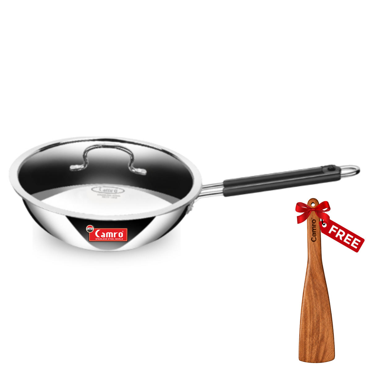 Camro Triply Stainless Steel Deep Frypan with Lid - Induction Friendly, Premium Quality (6 Years Warranty) | Free Wooden Spatula Worth ₹299/-