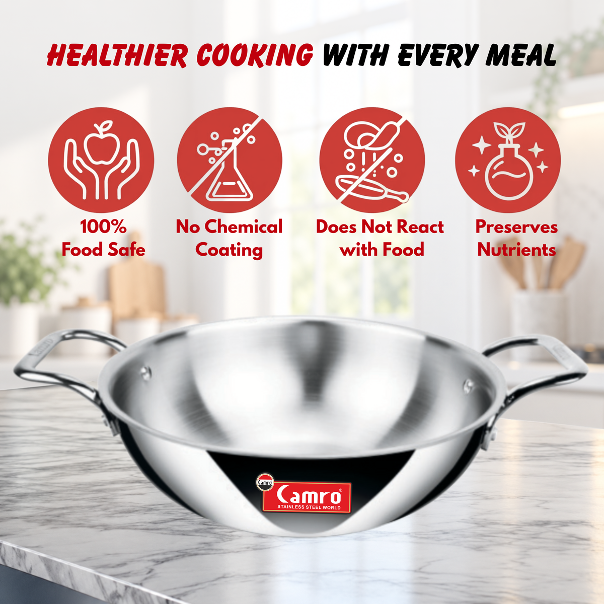 Camro Triply Stainless Steel Kadai - Induction Friendly, Premium Quality (6 Years Warranty) | Free Wooden Spatula Worth ₹299/-
