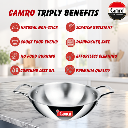Camro Triply Stainless Steel Kadai - Induction Friendly, Premium Quality (6 Years Warranty) | Free Wooden Spatula Worth ₹299/-