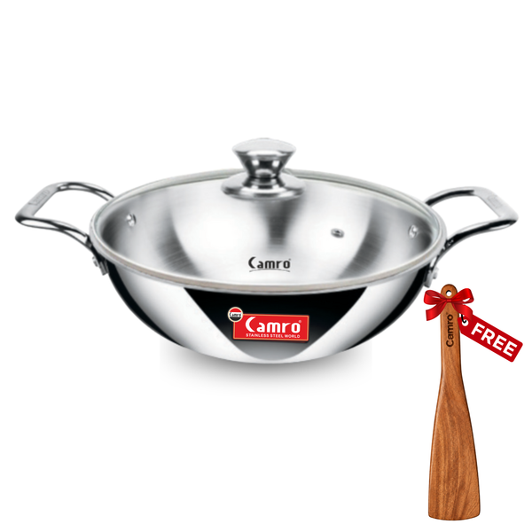 Camro Triply Stainless Steel Kadai - Induction Friendly, Premium Quality (6 Years Warranty) | Free Wooden Spatula Worth ₹299/-
