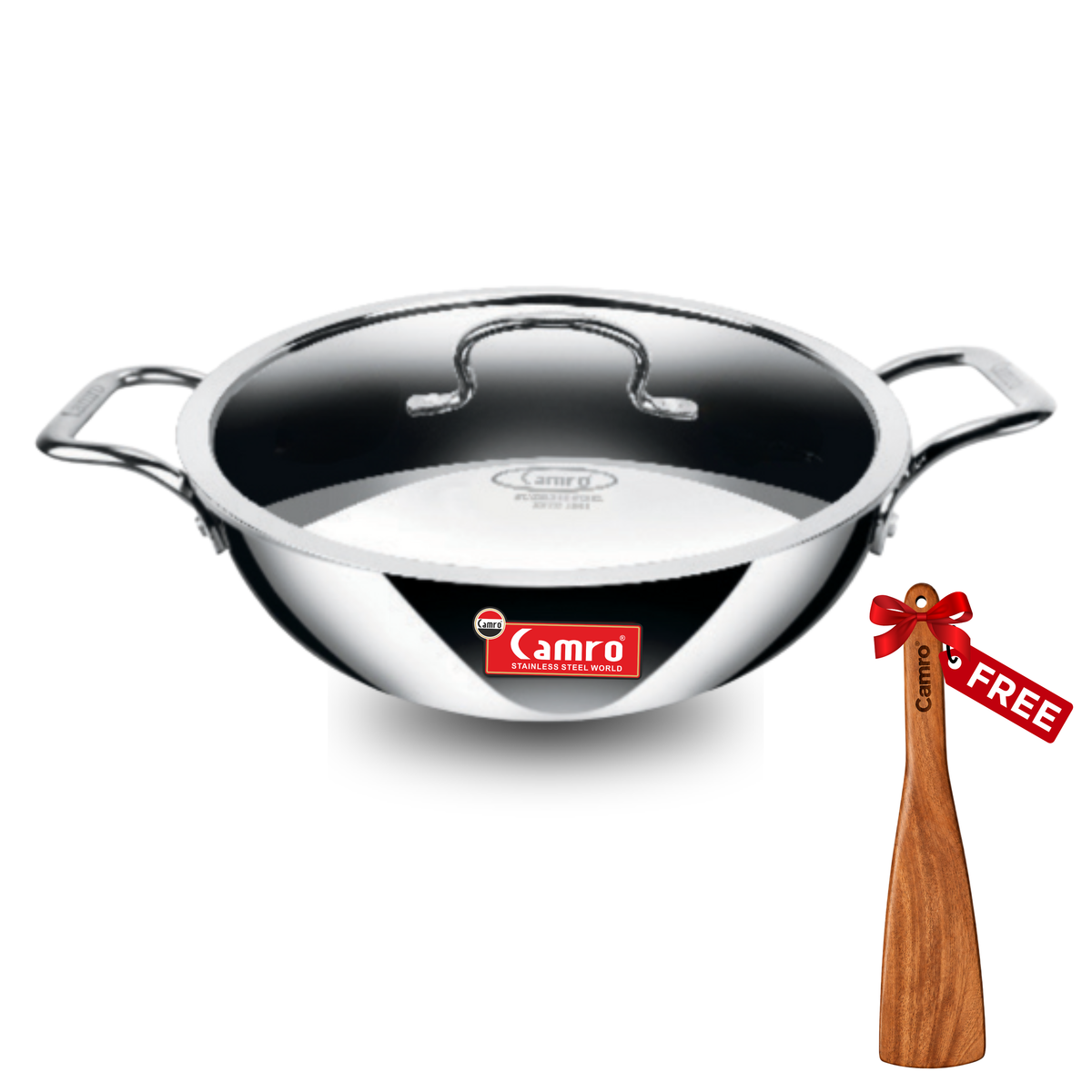 Camro Triply Stainless Steel Kadai - Induction Friendly, Premium Quality (6 Years Warranty) | Free Wooden Spatula Worth ₹299/-