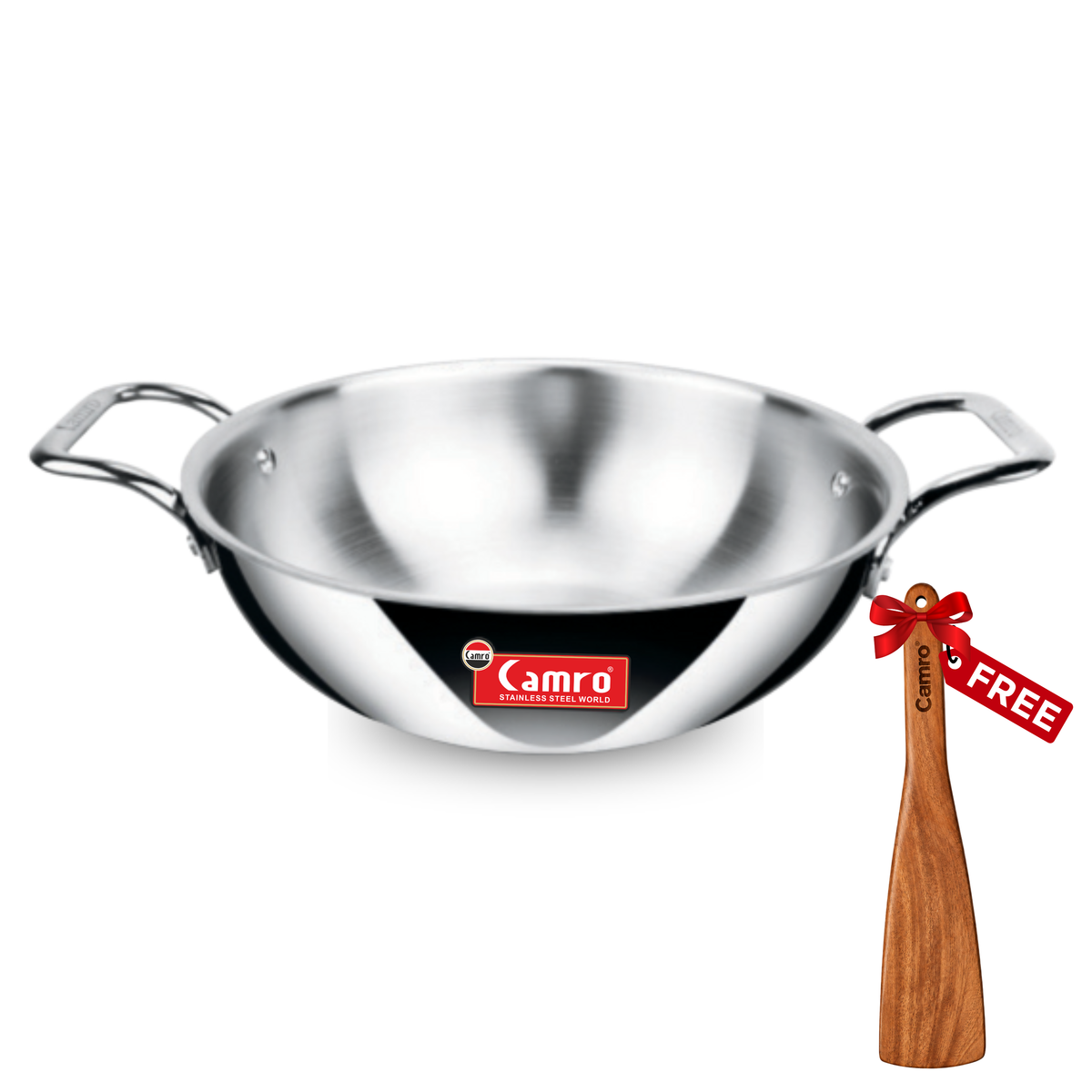 Camro Triply Stainless Steel Kadai - Induction Friendly, Premium Quality (6 Years Warranty) | Free Wooden Spatula Worth ₹299/-