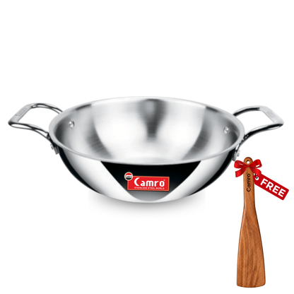Camro Triply Stainless Steel Kadai - Induction Friendly, Premium Quality (6 Years Warranty) | Free Wooden Spatula Worth ₹299/-