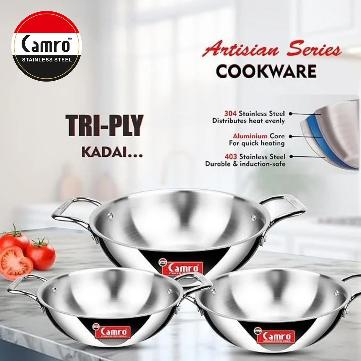 Camro Triply Stainless Steel Kadai - Induction Friendly, Premium Quality (6 Years Warranty) | Free Wooden Spatula Worth ₹299/-