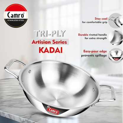 Camro Triply Stainless Steel Kadai - Induction Friendly, Premium Quality (6 Years Warranty) | Free Wooden Spatula Worth ₹299/-