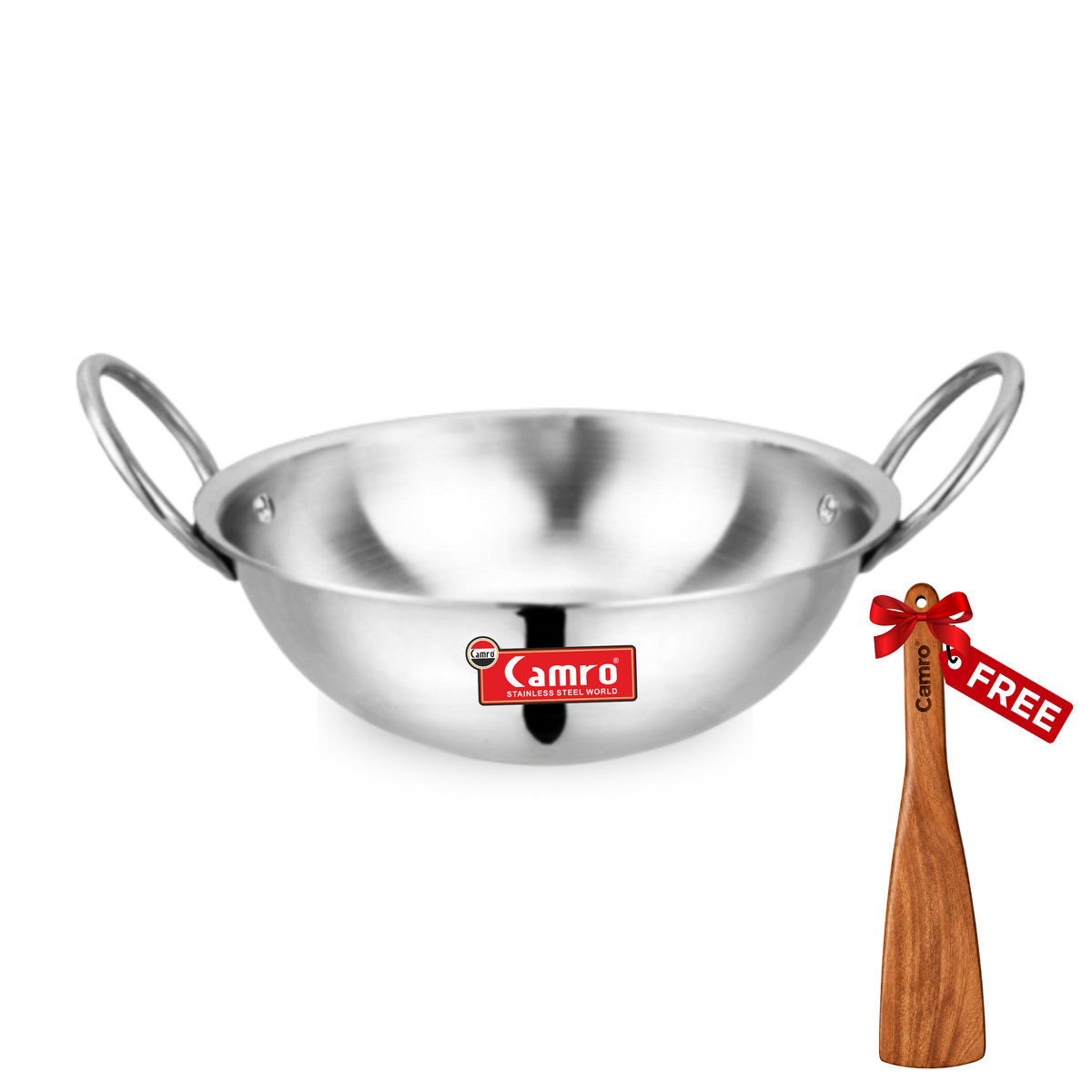 Camro Triply Stainless Steel Round Bottom Kadhai - Induction Friendly, Premium Quality (6 Years Warranty) | Free Wooden Spatula Worth ₹299/-