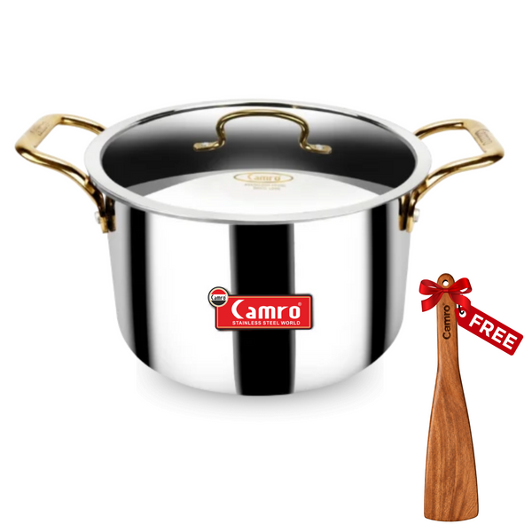 Camro Triply Stainless Steel Stewpot with Golden Handle - Induction Friendly, Premium Quality (6 Years Warranty) | Free Wooden Spatula Worth ₹299/-