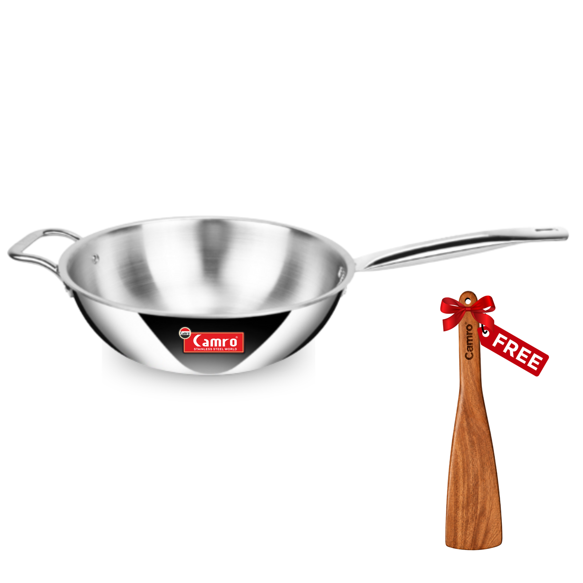 Camro Triply Stainless Steel Wokpan - Induction Friendly, Premium Quality (6 Years Warranty) | Free Wooden Spatula Worth ₹299/-