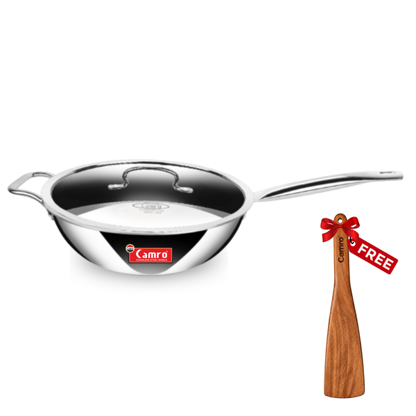 Camro Triply Stainless Steel Wokpan with Lid - Induction Friendly, Premium Quality (6 Years Warranty) | Free Wooden Spatula Worth ₹299/-